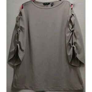 Du Jour Women’s Large Brown Top Tie Sleeve 3/4 Blouse Minimalist Soft Preppy